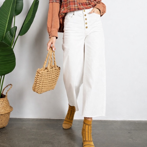 NWT Easel Wide Leg Twill High Rise Raw Hem Button Fly Stretch Pants White Medium - Picture 5 of 12